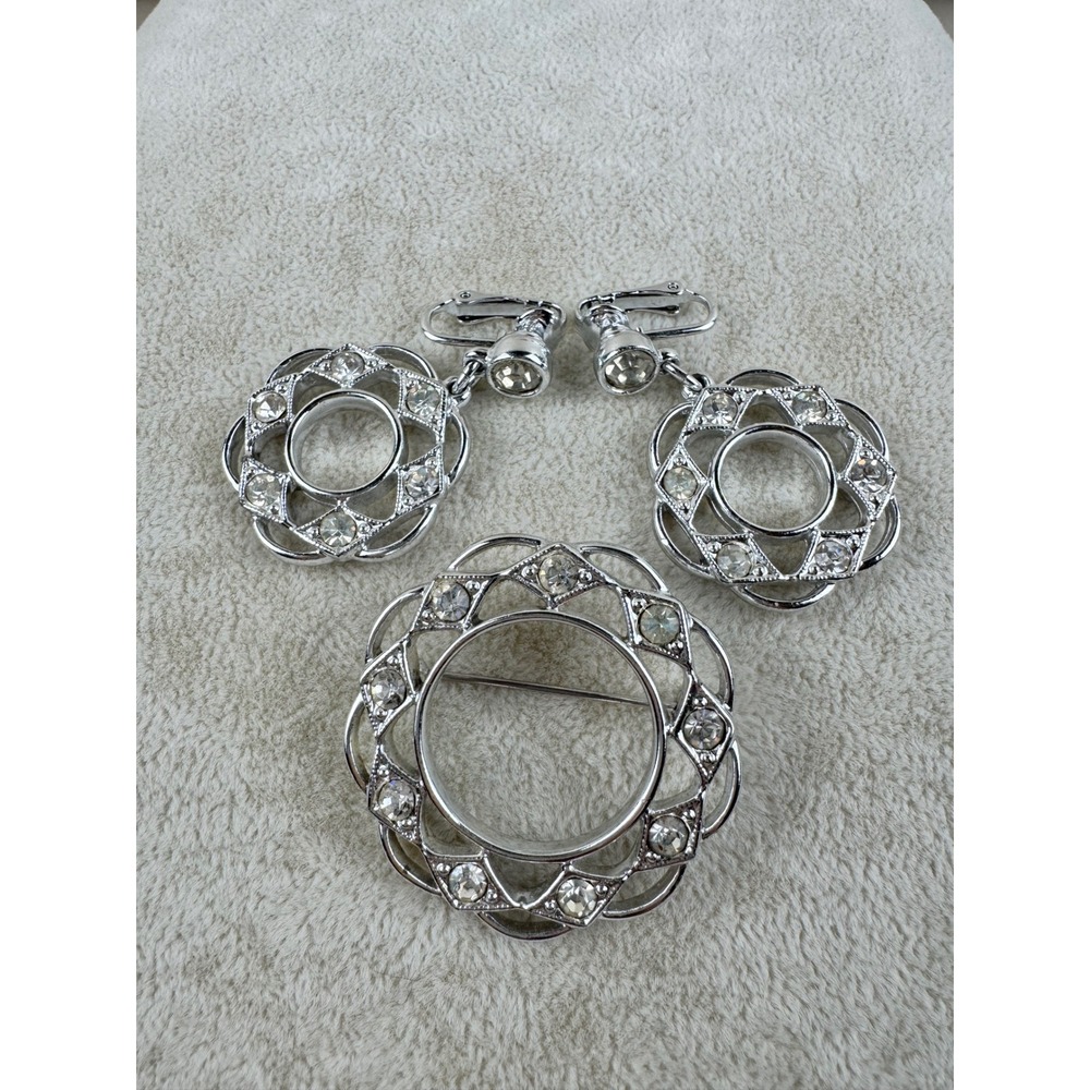 Sarah Coventry Vintage Silver Tone Rhinestone Brooch and Clip On Earrings Set